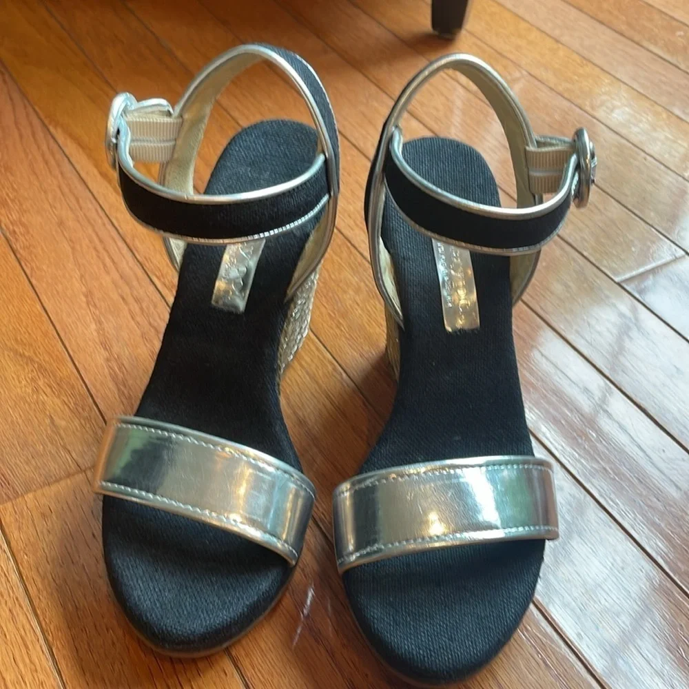 🍰 Maypol black linen and silver detail wedge ankle strap espadrille: